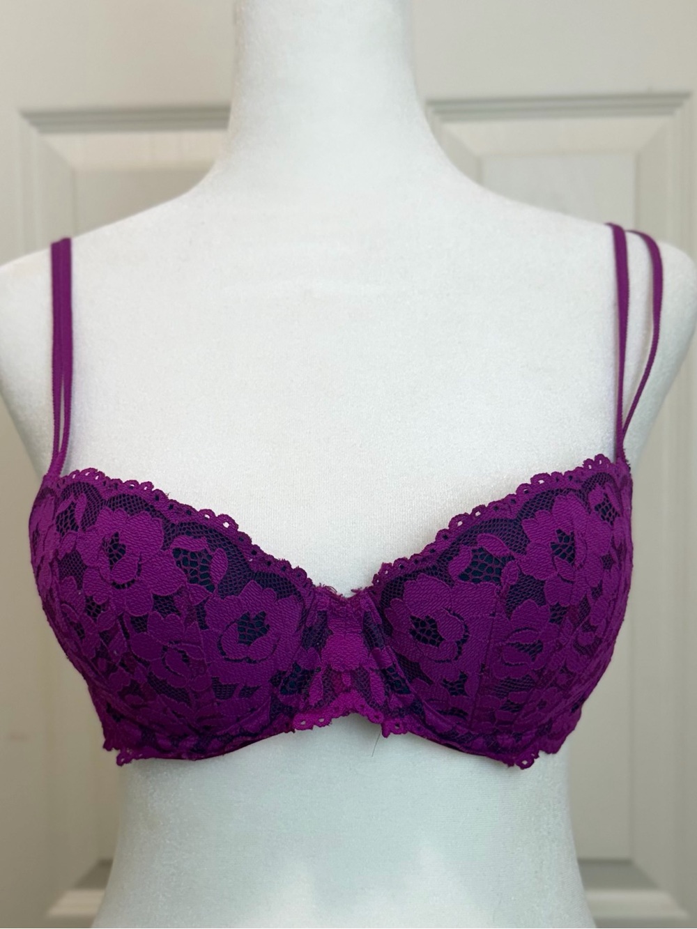 Pink Victoria's Secret Deep Purple Floral Lace Underwire Bra Double Straps 34B